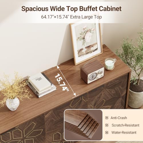 Mericonia 64 Inch Large Buffet Cabinet with Storage, Modern Mid-Century Walnut Sideboard with 4 Doors & Adjustable Shelves, Accent Credenza Coffee Bar for Kitchens, Dining Room, Living Room, Entryway - Image 5