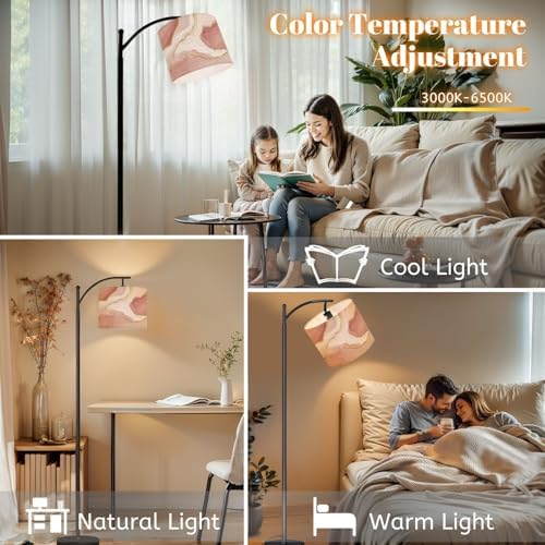 Arc Floor Lamp Pink Marble Rose Gold Dimmable Modern Standing Lamp with Remote Adjustable Drum Shade Footswitch Tall Pole Lamp for Living Room Bedroom - Image 5