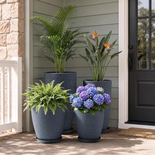 ZMTECH 4 Pack Plastic Planters 21/18/12/10in, Indoor Outdoor Round Planter for Porch, Large Plant Pot with Drainage Hole for Home Garden Front Door, Modern Decorative Pots for Plants (Dark Gray) - Image 4