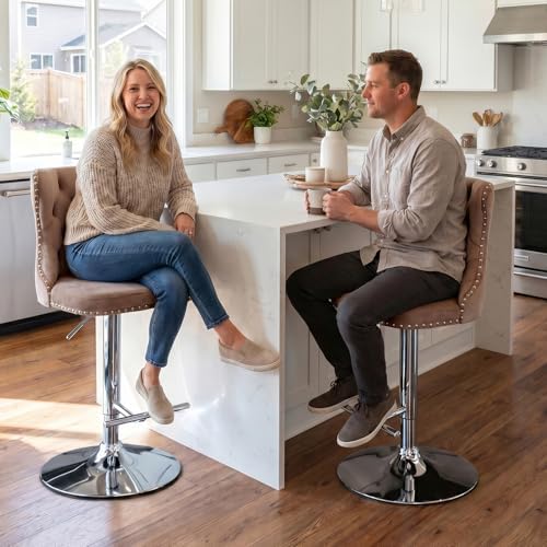 SoarFlash Velvet Bar Stool Set of 2, Adjustable Swivel Bar Stools with Silver Plated Metal Leg, Button Tufted, Footrest, Chrome Nailhead, Counter Height Chair for Kitchen, Bar, Dining Room (Khaki) - Image 4