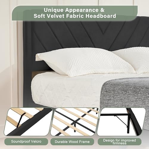 Queen Size Platform Bed Frame with Velvet Headboard, Wing Edge, Sturdy Wooden Slats, Noise-Free, No Box Spring Needed, Easy Assembly, Black - Image 6