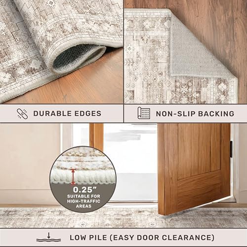 Hazo Haus Washable Neutral Farmhouse Living Room Rug, 5x8 Area Rugs for Bedroom Under Bed, Nursery Room, Boho Vintage Floral Non-Slip Rug Low Pile Stain Resistant (5x8 Beige/Latte) - Image 5