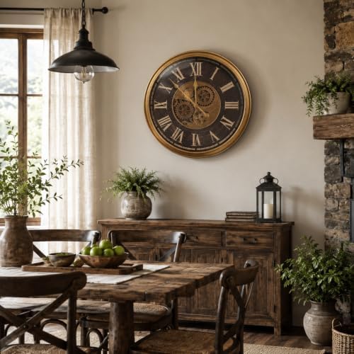 Large Real Moving Gears Wall Clock 24 Inch,Roman Antique Brass Brown - Image 4