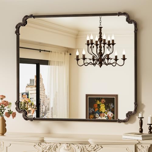 TETOTE Baroque Antique Bronze Scroll Wall Mirror 42 x 36 Vintage Rectangle Framed Baroque French Rectangular Mirror for Mantle Fireplace Bathroom Living Room, Horizontal/Vertical by TETOTE