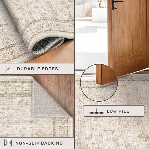 Farmhouse Rugs for Living Room 7x10, Low Pile Soft Retor Foldable Area Rug for Bedroom, Dining Room, Non Slip with Rubber Backing, Light Beige Vintage Home Décor, Geometric Floral Carpet - Image 4