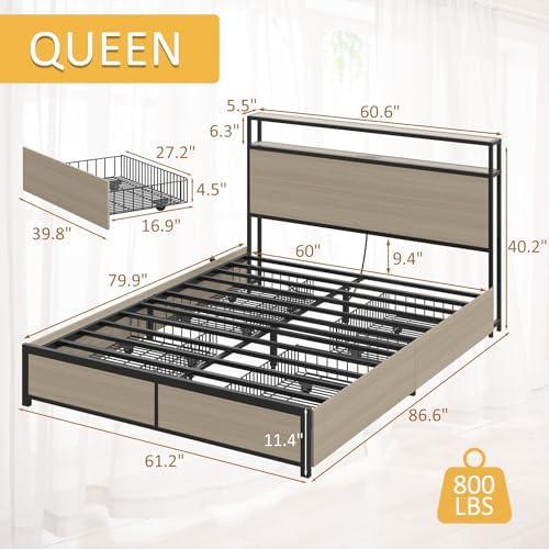 Lifezone Queen Bed Frame with 2-Tier Storage Headboard, Metal Platform Bed Frame with 4 Storage Drawers, Built in Charging Station & LED, Noise-Free/Metal Support/No Box Spring Needed, Beige - Image 2