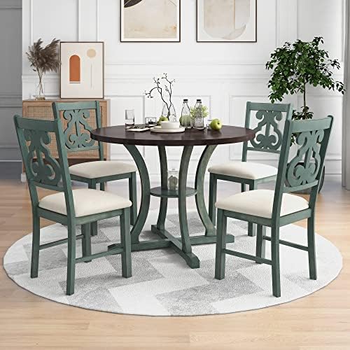 Harper & Bright Designs Retro Style Round Kitchen Dining Table Set for 4, 5 Piece Round Dining Table and 4 Fabric Chairs with Special-Shaped Table Legs and Storage Shelf, Antique Blue/Dark Brown by HarperBrightDesigns