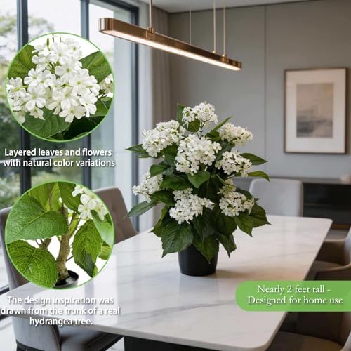 24 Inch Artificial White Hydrangea Potted Plant, 2 Pack Faux Silk Flower Bonsai Tree with Black Planter, Realistic Fake Flower for Tabletop, Shelf, Home Bedroom Office Porch Decor - Image 3