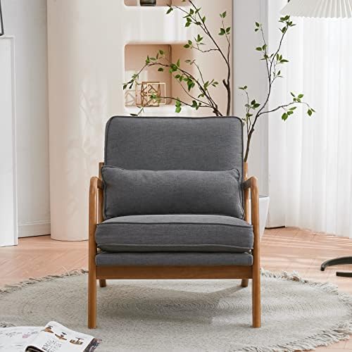 Bonnlo Linen Dark Grey Accent Chairs Set of 2, Upholstered Mid Century Modern Lounge Chairs Reading Chairs Side Sitting Chair Solid Wood Farmhouse Armchairs for Living Room, Bedroom, Guest Room - Image 6
