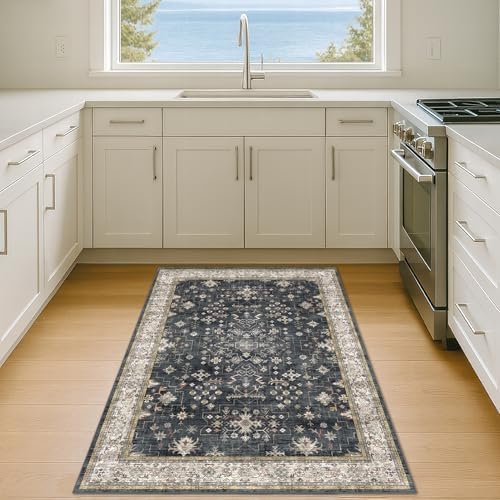 Black Boho Washable Entry Rug, 3x4 Rugs for Entryway Kitchen Bathroom Door Mat Indoor Entrance, Non Slip Rubber Backing, Stain & Fade Resistant, Ashen Charcoal Floral Design - Image 6