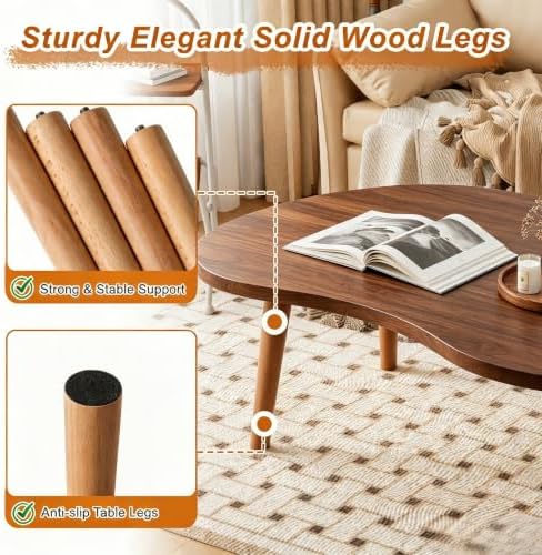 Coffee Table Low Table with Solid Wood Legs, 31.5x19.7" Large Coffee Table Side Table, Floor Table Desk for Sitting on The Floor, Living Room Furniture for Office Apartment Home, Mango Walnut - Image 3