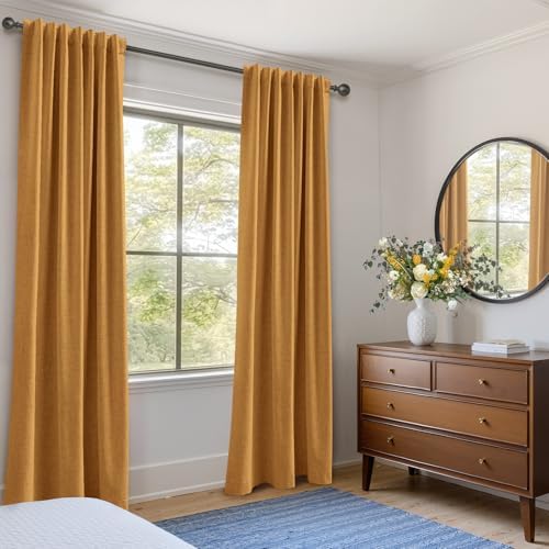Faux Linen Total Blackout Curtains for Bedroom 102 Inch Long Mustard Yellow - Image 5