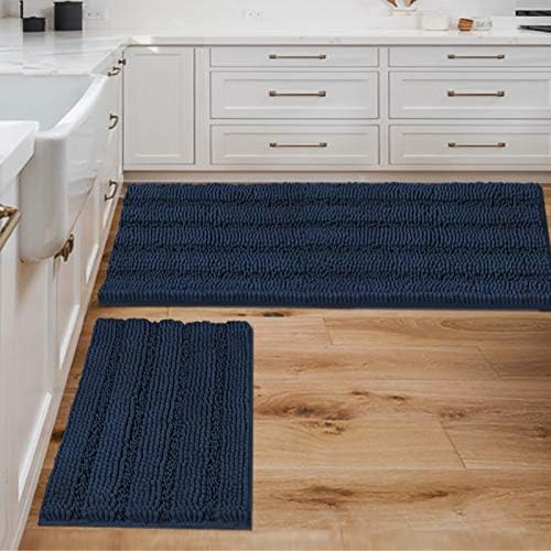 H.VERSAILTEX 2 Piece Bathroom Set - Super Absorbent Chenille Striped Bath Mats, Non Skid, Machine Washable - Navy, 47 x 17 Plus 17 x 24 Inches by HVERSAILTEX