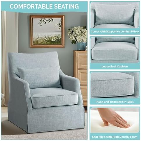 Martha Stewart London Swivel Chair - Solid Wood & Plywood, Skirted Metal Base Accent Armchair, Lumbar Pillow -Modern Classic Family Room Sofa Furniture Bedroom Lounge, 28"X31.5"X35.25", Light Blue - Image 5