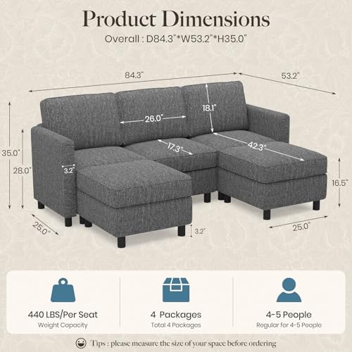 Belffin 84.3" 5 Seats U Shaped Couch Modular Sectional Sofa Washable Sectional Couches for Living Room Comfy Couches with Storage Seat Couch Sofas with Chaise,Grey - Image 2