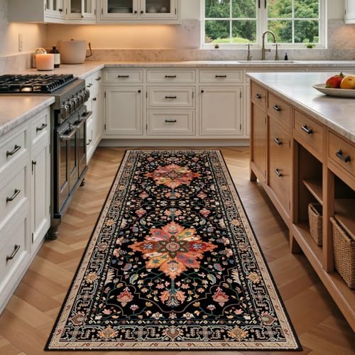 RELEANY Washable Area Rug, Runner 3'x7', Black/Colorful by RELEANY