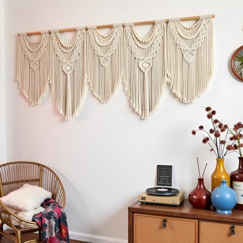 Extral Large macrame wall hanging, 71'' W x 32'' L boho wall art tapestry wall decor for urban entryway,living room,bedroom decor, headboard woven wall art, big fiber art over couch art for Yarn hallway (Wood Bead-B) - Image 4