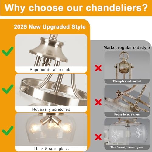 Modern Pendant Lights Kitchen Island, 3-Light Brushed Nickel Pendant Light Fixtures with 14.2" Clear Glass Shade,Industrial Hanging Pendant Lights Fixture for Kitchen Island Dining Room Entryway Foyer - Image 4