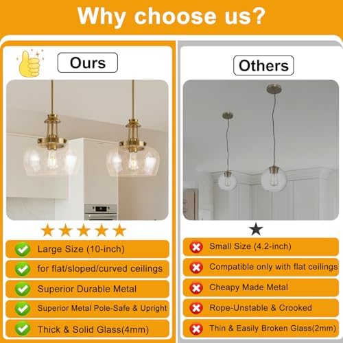 Modern Pendant Lights Kitchen Island, Brushed Gold Pendant Light Fixtures with 10" Clear Air Bubble Glass Shade, Industrial Hanging Pendant Lights Fixture for Kitchen Island Dining Room Entryway - Image 2