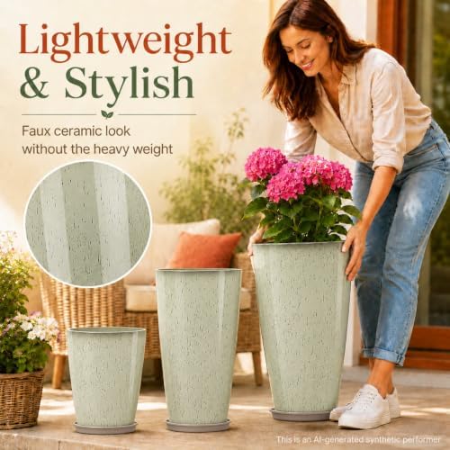 Neoaider Set of 3 Tall Planter, 24/21/12in Large Plastic Planter, DripGlaze - Image 6