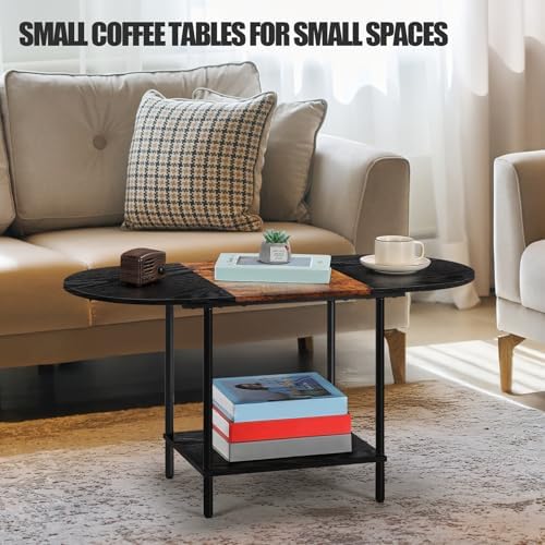Coffee Tables for Living Room,Mid Century Small Oval Center Table with 2-Tier Storage Shelf and Wood Tabletop,Farmhouse Narrow Cocktail Tea Table for Small Space,Apartment,Black Brown - Image 5