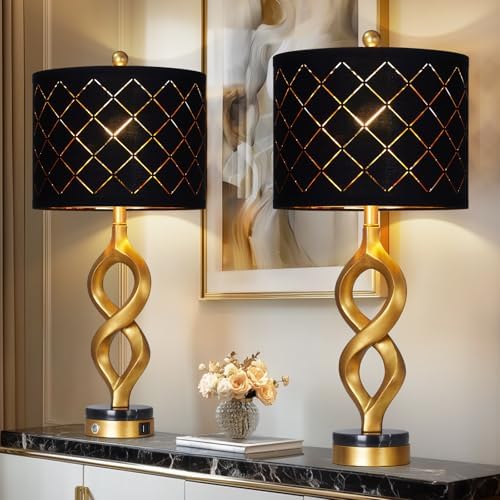 Cinyirong 30" Black and Gold Table Lamps Set of 2 for Bedroom, Modern Touch Control Bedside Lamps for Living Room, 3-Way Dimmable Sculptural Resin Nightstand Lamps with USB A+C Ports and 2 LED Bulbs by Cinyirong