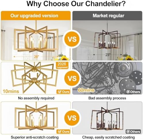 Lynnoland 25"-61" Height Adjustable Modern Gold Chandelier for Dining Room, No Assembly Required Gold Dining Room Light Fixture Over Table, Industrial Metal Pendant Lights Fixture for Kitchen Island - Image 2