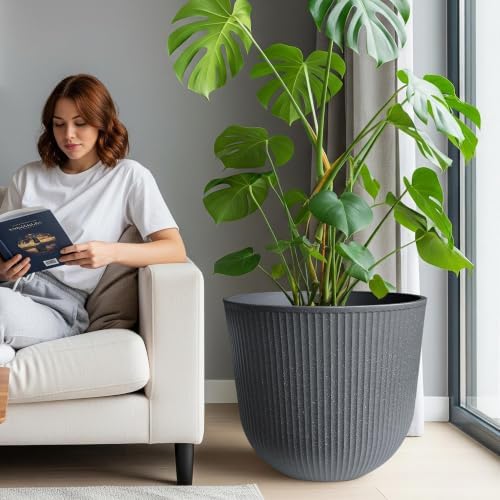 WORTH Garden Round Large Planter Pot Set of 2-17.5" Dia x 15.5" H - Durable Plastic Grey Plant Tree Pots with Vertical Stripe Textured Finish, Drainage Hole for Indoor, Outdoor, Front Porch, Patio - Image 6