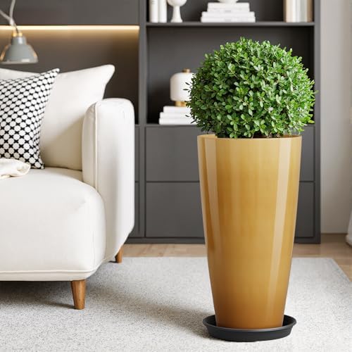 QCQHDU 21 inch Tall Planters for Outdoor & Indoor Plants, 2 Pack Sturdy Plant-Flower-Tree Pots for Front Porch Patio Deck Living Room Decor, Golden - Image 6