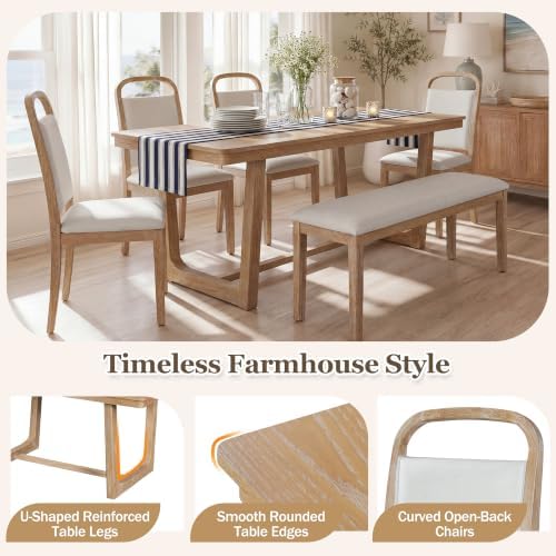 VilroCaz 6-Piece Dining Table Set, Solid Wood Rectangular Kitchen Table with 4 Upholstered Chairs & 1 Bench, Seats for 6 (Natural-6.17) - Image 7