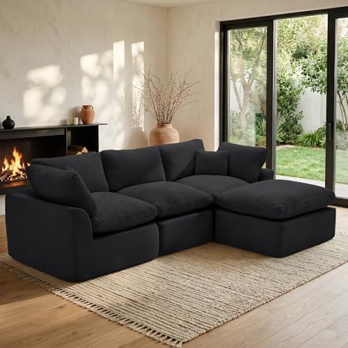 Korser 110" Cloud Sectional Boneless Couches for Living Room, Modern Modular Sectional Sofa with Ottoman, Cloud Couch with Comfy Deep Seats, Cut Pile Chenille L-Shape Sofa Couch for Living Room, Black by KORSER