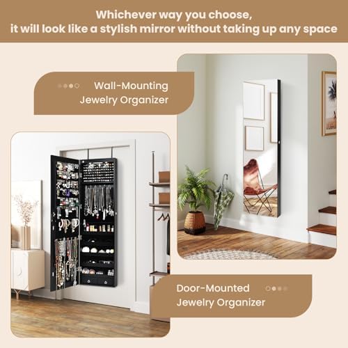 NAFORT 2 LEDs Jewelry Armoire with Full Length Mirror, 47.5" H Wall or Door Mounted Jewelry Cabinet with 2 Drawers, Lockable Jewelry Organizers and Storage, Hanging Jewelry Organizer, Black - Image 6