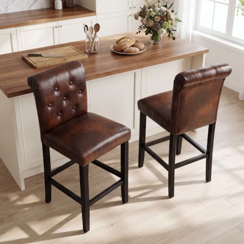 LSSBOUGHT 24 Inches Leather Counter Height Stools Set of 4 with Solid Wood Legs Bar Chairs for Kitchen lsland & Dining Room(Brown,4PCS) - Image 5