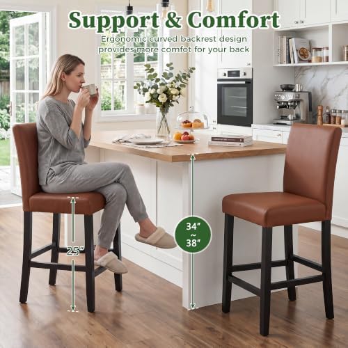 LSSPAID Counter Height Bar Stools Set of 4, 25 Inch Faux Leather Barstools, Modern Bar Chairs with Solid Wood Frame for Kitchen Island, Camel Brown - Image 4