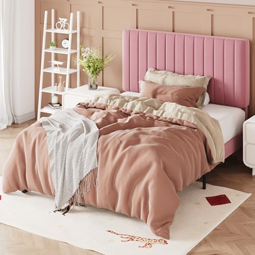 Allewie Twin Bed Frame, Velvet Upholstered Platform Bed with Adjustable Vertical Channel Tufted Headboard, Mattress Foundation with Strong Wooden Slats, Box Spring Optional, Easy Assembly, Pink - Image 4
