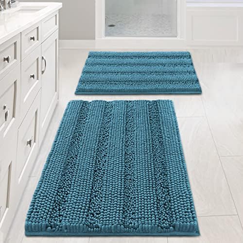 H.VERSAILTEX Turquoise Bathroom Rug, 2 Piece Bathroom Rug Set Slip-Resistant Extra Absorbent Soft and Fluffy Thick Striped Bath Mat Shag Floor Mat(Turquoise Blue, 20" x 32"/17" x 24") by HVERSAILTEX