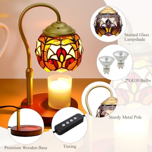 Tiffany Style Candle Warmer Lamp with Timer, Dimmable Stained Glass Candle Lamp Warmer, Birthday Gifts for Mom Women Friend Sister Baroque Wax Melt Warmer with 2 Bulbs for Home Deco - Image 4