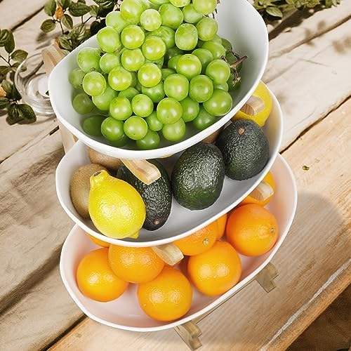 Seven Sparta 3 Tier Fruit Bowl for Kitchen Counter (PLUS Series) / Ceramic Serving Bowls with Bamboo Stand/Big Size Tiered Fruit Basket for Fruit Vegetable Storage, Dessert, Salad Buffet Server - Image 6