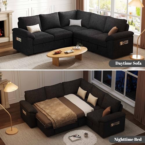 85'' Modular Sectional Sofa with Pull Out Bed, Sleeper Sofa, Black - Image 4