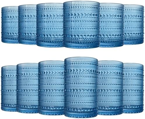 Hobnail Beaded Highball Drinking Tumbler Glasses | Set of 12 | Color, Vintage Bubble Design Whiskey Glassware, Old-Fashioned, Embossed Design for Water, Wine, Cocktail Embossed Heavy Glas, Rocks Glass by Khen