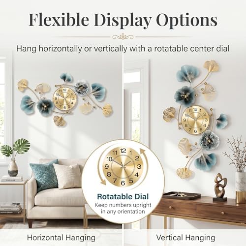 36" 3D Ginkgo Leaf Metal Wall Clock for Home Wall Decor - Image 2