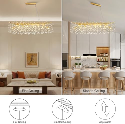 47.2" Modern Crystal Chandelier, 14-Light Gold Tree Branch Chandelier for Dining Room, Luxury Rectangular K9 Crystal Raindrop Chandeliers Light Fixture for Kitchen Island, Living Room, Foyer, Bedroom - Image 6
