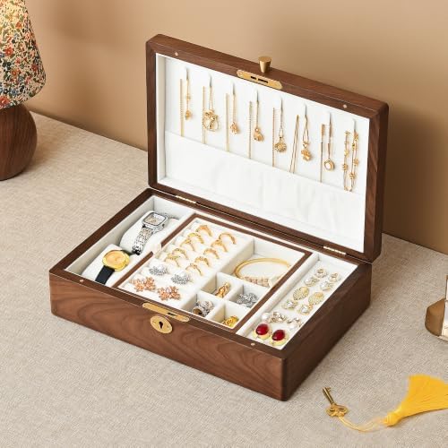 Black Walnut Wooden Lockable Jewelry Box, 2 Layer Large Organizer for Women - Image 2