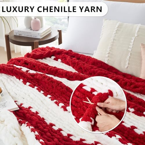 L'AGRATY Chunky Knit Throw Blanket for Couch, 72 x 84 Inches, Red White - Image 3