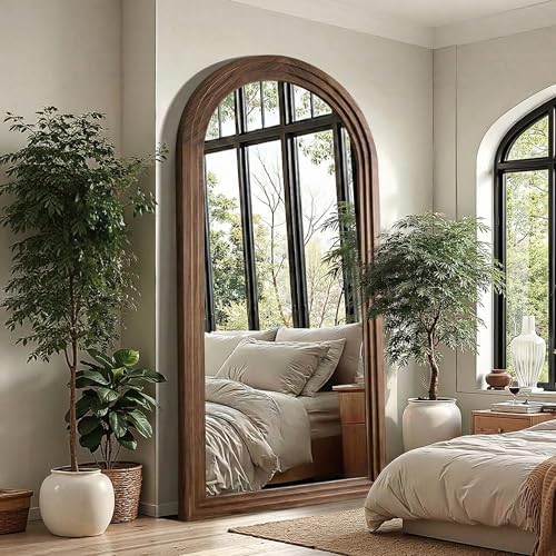 Delma Arched Full Length Mirror with Stand, 75x35 Brown Wood Floor Mirror - Image 7