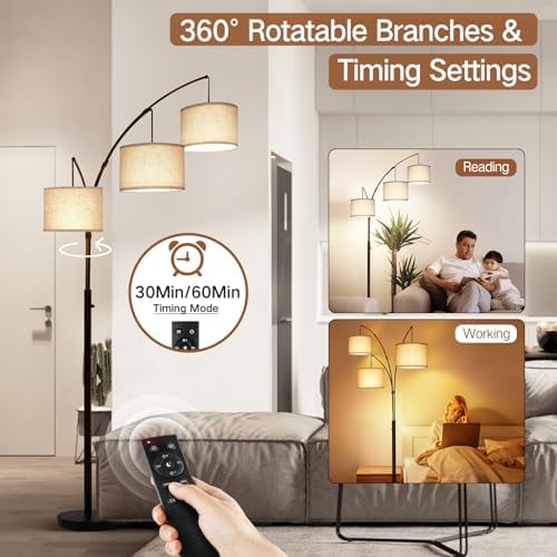 OUTON Arc LED Floor Lamp with Remote Control, Dimmable Modern Black 3 Light Arched Tall Floor Lamp, Mid Century Adjustable Standing Corner Lamps for Bedroom, Office, Living Room, Beige Lampshade - Image 4
