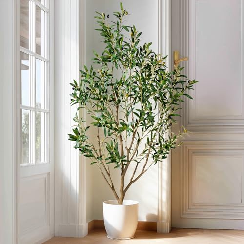 5FT Artificial Olive Tree with Realistic Leaves & Natural Trunk, Faux Silk Olive Plant in White Planter, Tall Fake Tree for Modern Home Office Living Room Entryway Corner Decor, Maintenance Free - Image 4