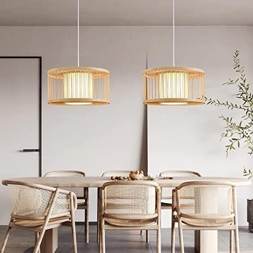 Boho Rattan Pendant Lights, 15.8" Coastal Drum Wicker Hanging Light Japanese Country Light for Dining Room Kitchen Living Room Bedroom, 1-Light E26 Base - Image 5