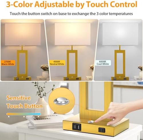 Table Lamps for Bedrooms Set of 2, 27.2’’ Super Tall Modern Gold Lamps for Living Room Nightstand End Tables, Button Touch Control Bedside Lamps with 2 USB Ports, 3 Color Temp. E26 Bulbs Included - Image 3