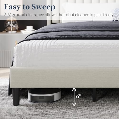 Yaheetech King Bed Frame with Headboard, Ivory Channel-Tufted Platform - Image 6
